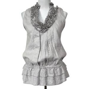 Zoe D. Women’s Linen Top Gray Ruffled Collar Sleeveless Cinched Waist Sz Medium